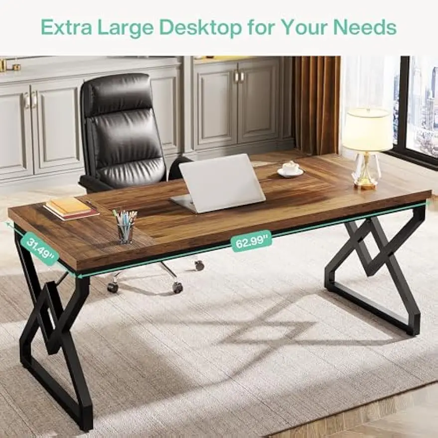Office Desk with Extra Thickened Wooden Tabletop and Metal Frame, Large 63 Inches Computer Desk Writing Table for Home Office