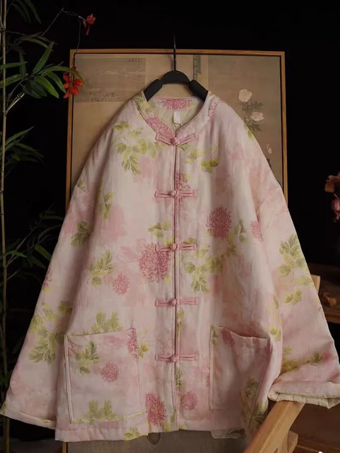 

Retro Chinese Sle Women's Cotton Jaet Stand Collar Button Front Thiened Long Sve Floral Print Commute Wear