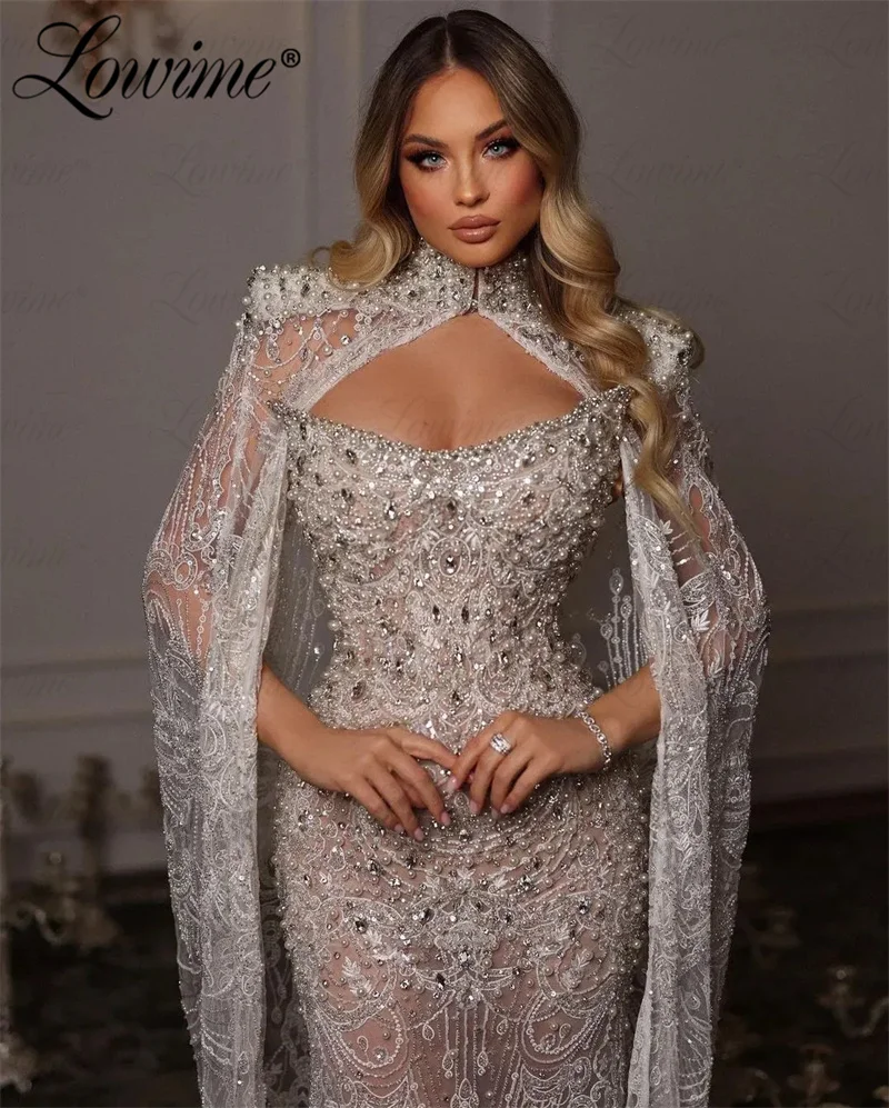 ﻿ Dubai Design Long Ivory Wedding Party Dresses Crystals Pearl Mermaid Two Pieces Cape Sleeves Arabic Aso Ebi Evening Gowns Prom