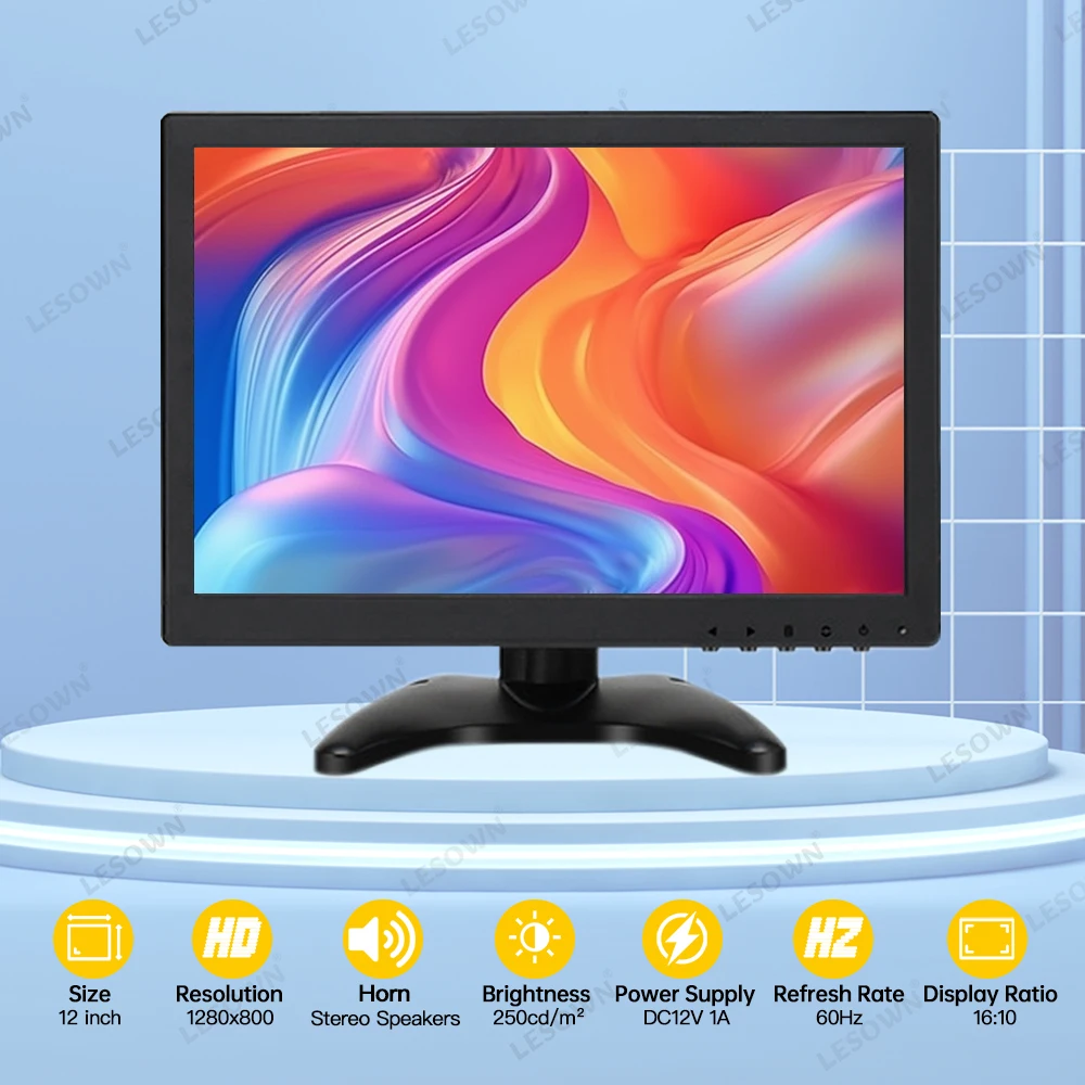 Imagem -06 - Lesown-monitor de Segurança com Tela Ips hd Display para Cctv Vigilância Doméstica e Escritório av e Bnc Vga e Hdmi 1280x800 12 Polegadas