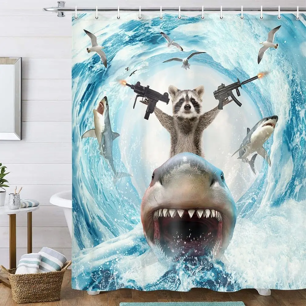 Funny Animal Shower Curtain, Cute Raccoons Ride Shark Ocean Waves Shower Curtain with Hooks, Nautical Coastal Fabric Bathroom