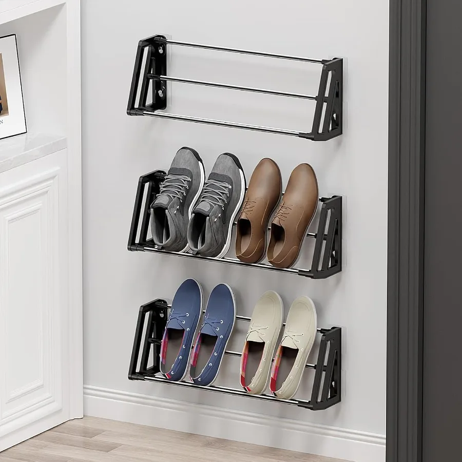 

Wall Mounted Shoe Rack 3 Pack Wall Shoe Rack Holds 6 pairs of shoes with Sticky Adhesive Strips shoe organizer Space Saving Sli