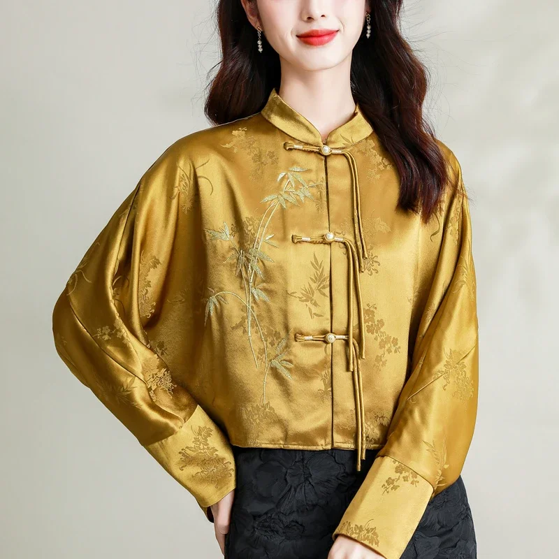 Satin Women\'s Shirts Spring/summer Print Chinese Style Blouses Loose Long Sleeves Vintage Women Tops Fashion Clothing