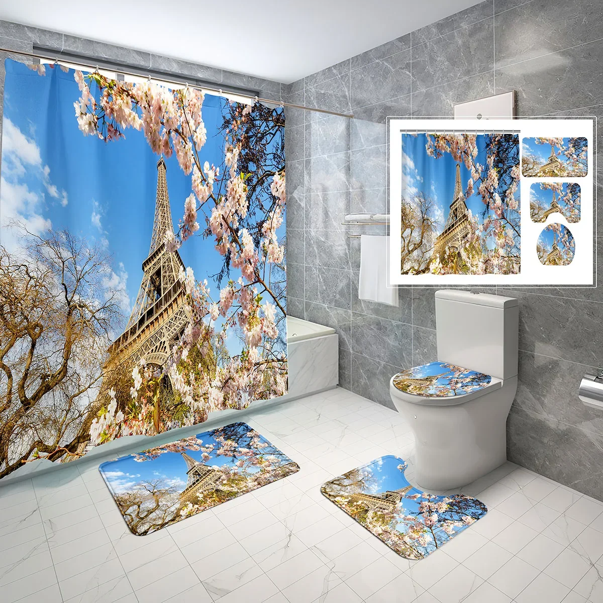 

Комплект для ванной комнаты: шторка для душа с французским пейзажем (Эйфелева башня под голубым небом), 4 предмета, нескользящий коврик для ванной, чехол для унитаза