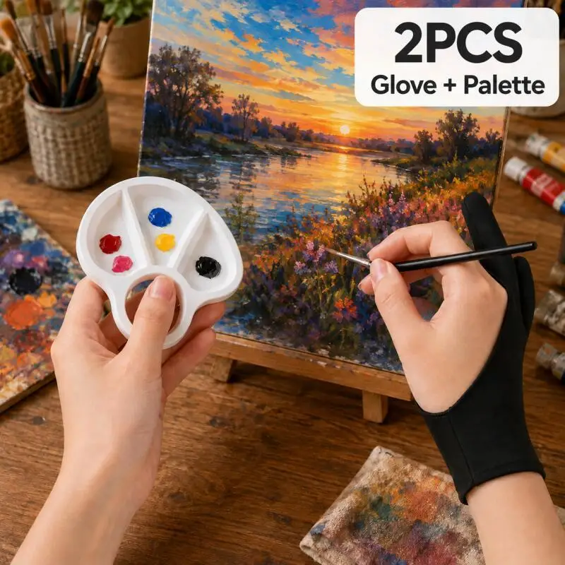 2PCS Artist Glove and Paint Palette Set, Handheld Mixing Tray for Drawing, Nail Art and Detail Painting