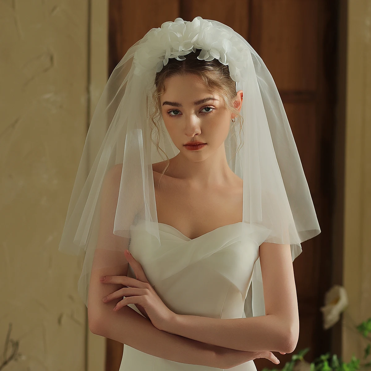 

V379 super fairy white flower bridal veil headband double-layer wedding certificate registration photo prop