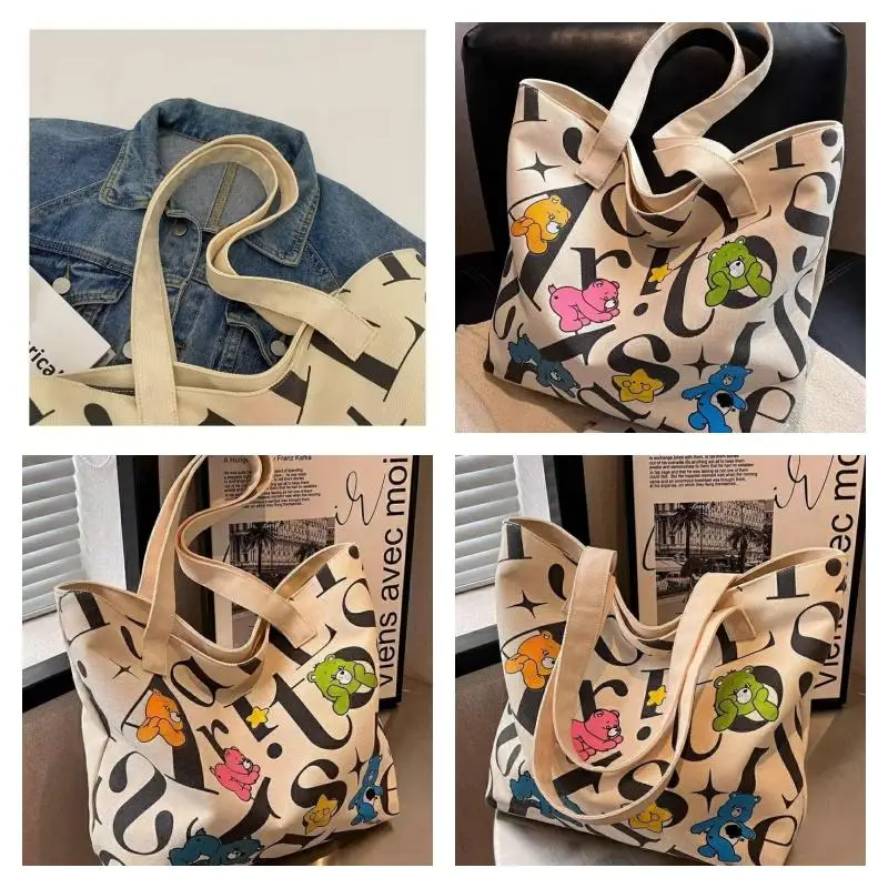 Colorful Bear Canvas Bag Anime Girl Shoulder Bags High Capacity Student Bag Portable Cute Tote Versatile Simple Wholesale