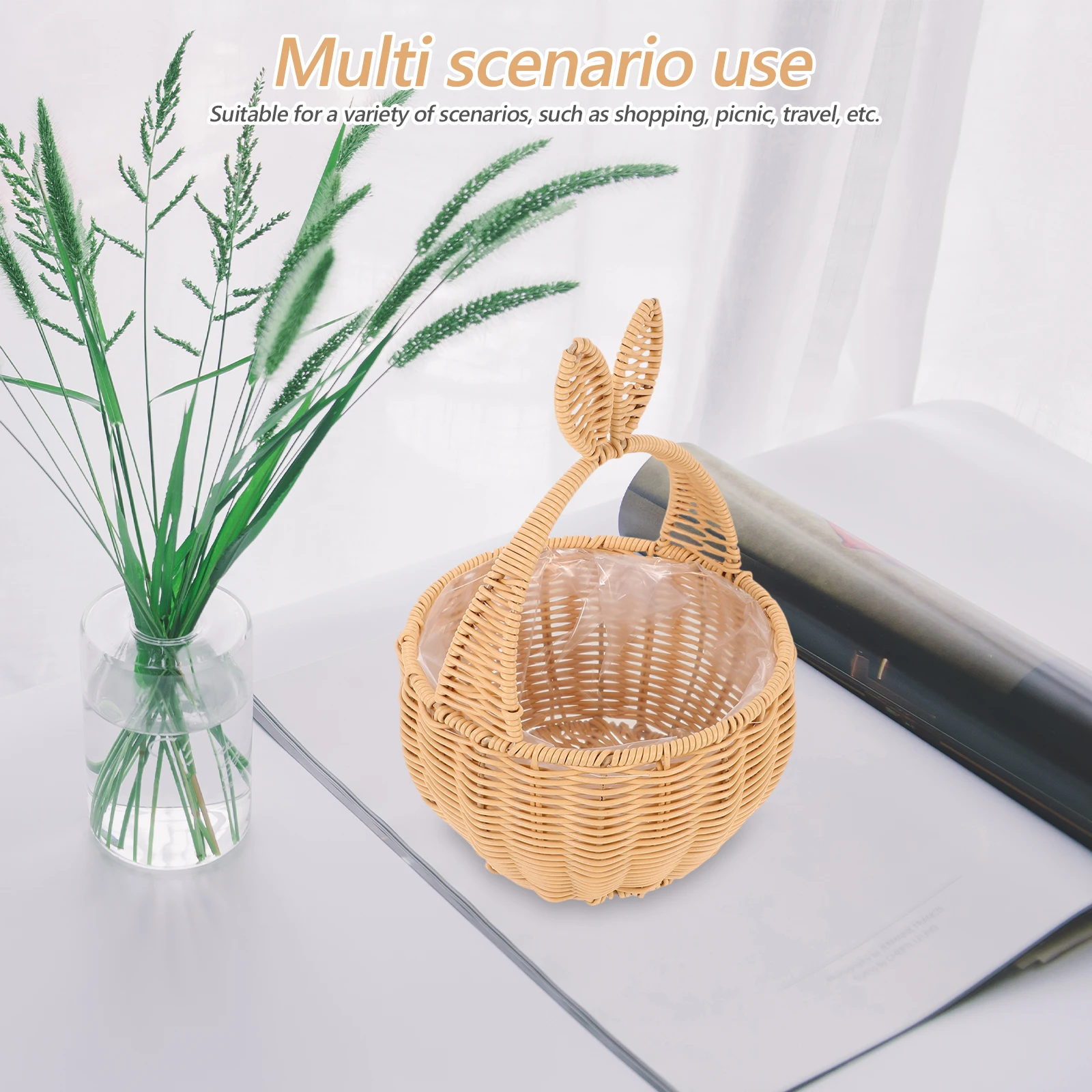 Decorative Woven Rabbit Basket Artificial Rattan Handheld Storage Basket for Flowers Fruits Or Home Office Organization