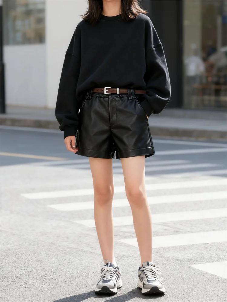 

Широкие брюки-кюлоты из черной искусственной кожи с высокой талией в американском ретро-стиле для женщин и девушек