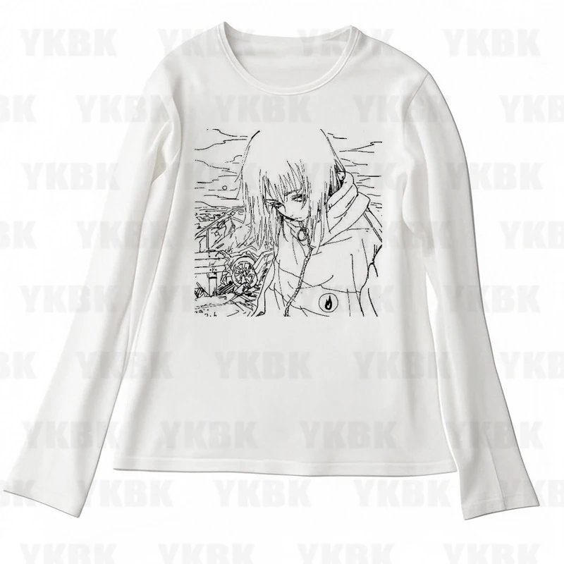 جرافيك هاراجوكو طباعة رسالة أنيمي كم طويل المرأة تي شيرت 90s الملابس خمر النساء الإناث Trashy Y2k 2000s بلايز القوطية