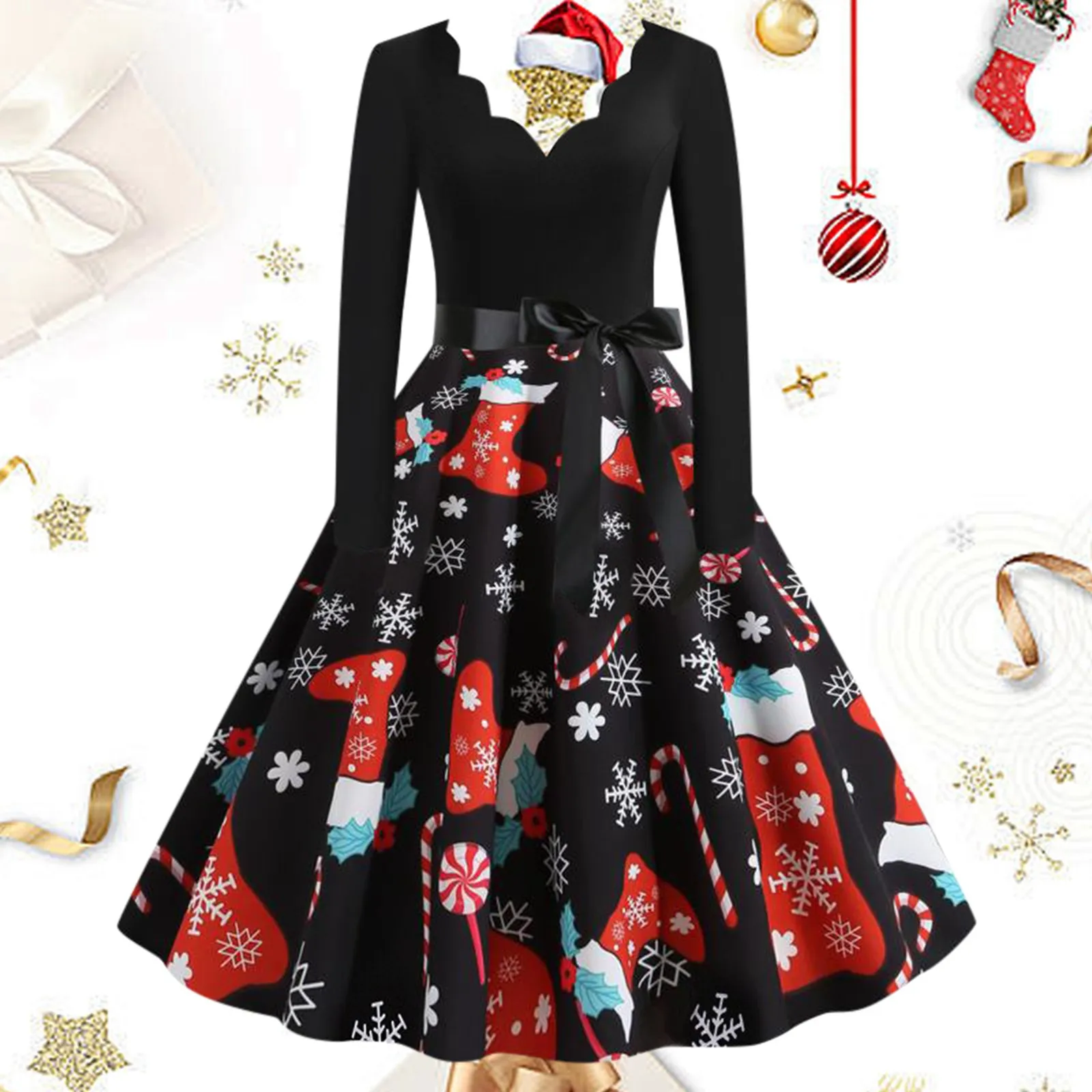 Kerst Print V-Hals Lange Mouwen Grote Swing Jurk Vrouwen Patchwork Veteraan Geplooide Jurken Feest Formele Elegante Jurk