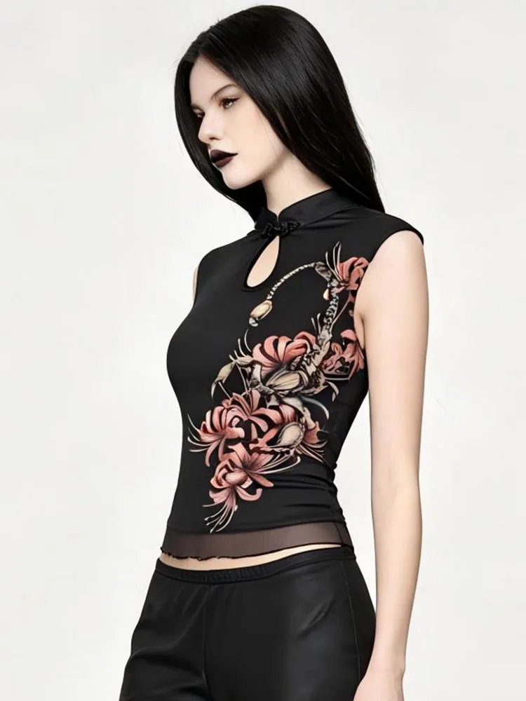 Women Gothic Scorpion Spider Lily Print Cheongsam Top Sleeveless Mesh Hem Slim Fit Keyhole Neck Blouse for Y2K Grunge Aesthetic