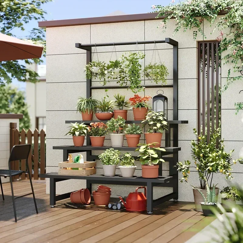 رف نباتات عرض طبقات رف عالمي خارجي معدني مربع رف نباتات رف فاخر أسود Plantenrek أثاث شرفة