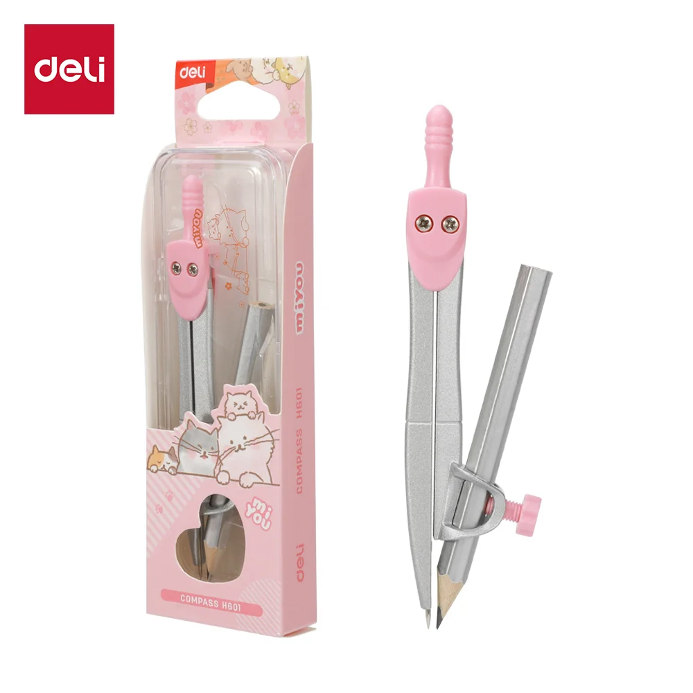 Deli Silver-Pink Campass, Campass with Changeable Pencil, Campass for Drawing & Designing
