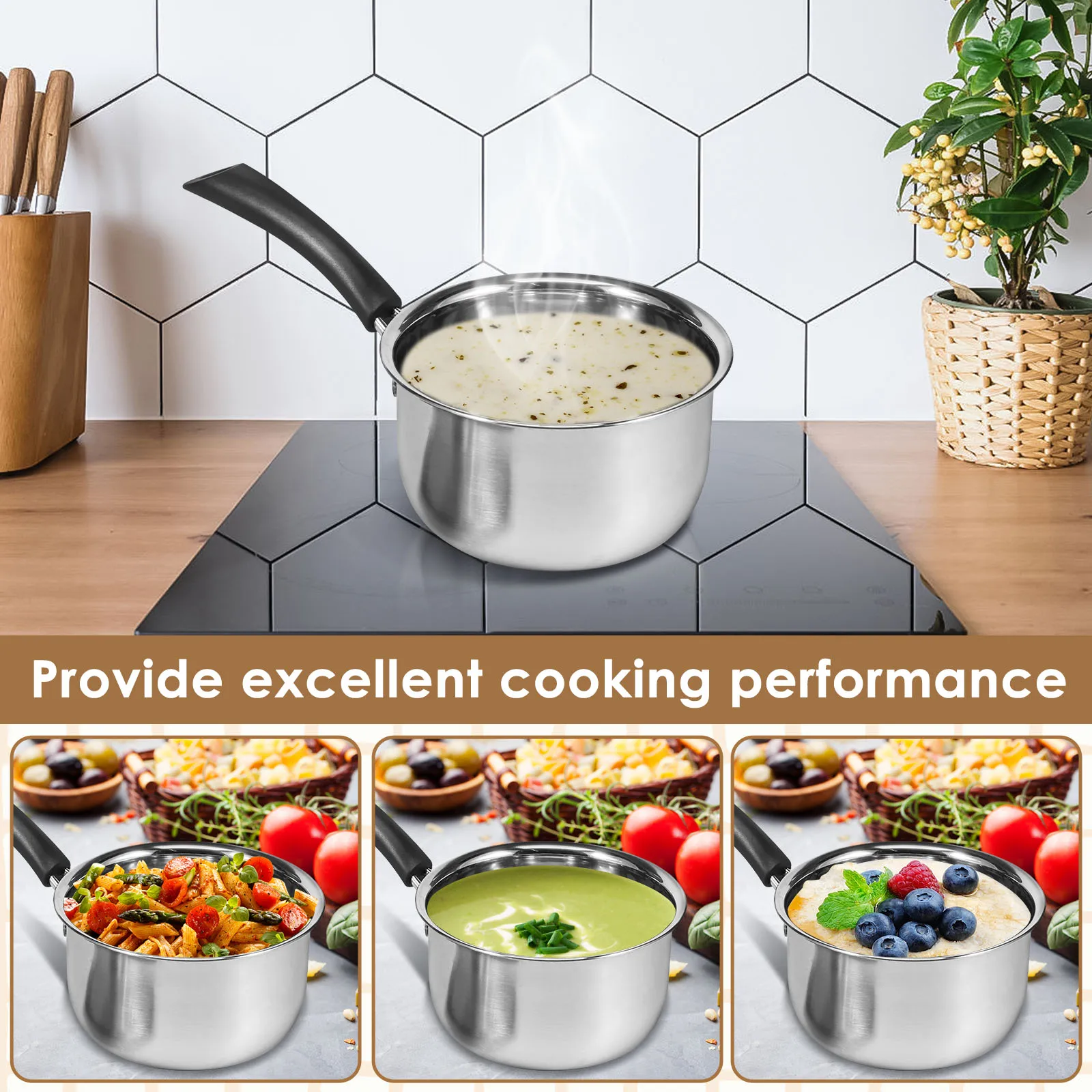 Saucepan Stainless Steel Small Sauce Pan Milk Pot with Glass Lid Heat-resisting Handle Dishwasher Safe Sauce Pot for Cooking