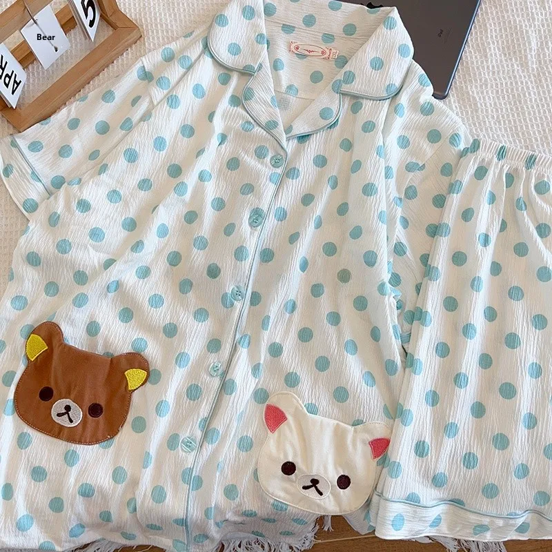 

Summer Lightweight Polka Dot Bear Spwear Women's Sweet Cute Pure Cotton Muslin ort Sve ort Pants Home Clothes Set