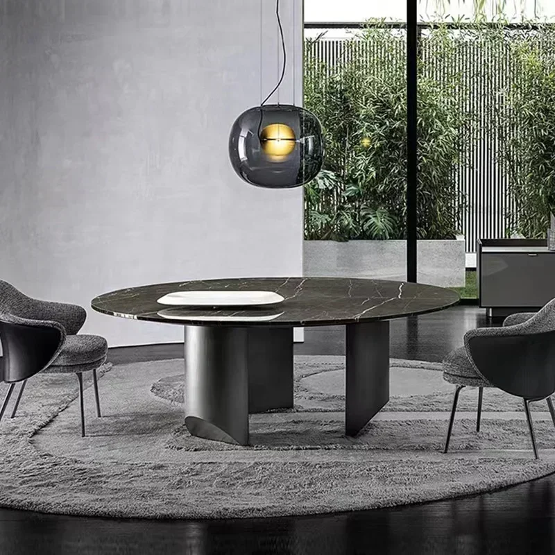

#V Dining Room Furniture Luxury Stainless Steel Base Optional Turntable Slate Round Dining Table