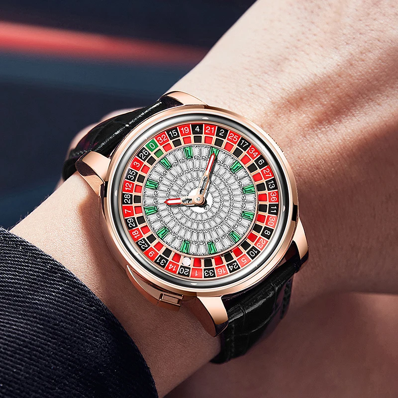 هانبورو ساعة أوتوماتيكية للرجال 46 مللي متر ساعة يد ميكانيكية فاخرة قابلة للتدوير لعبة الروليت الهاتفي الياقوت مضيئة 118 قطعة كريستال