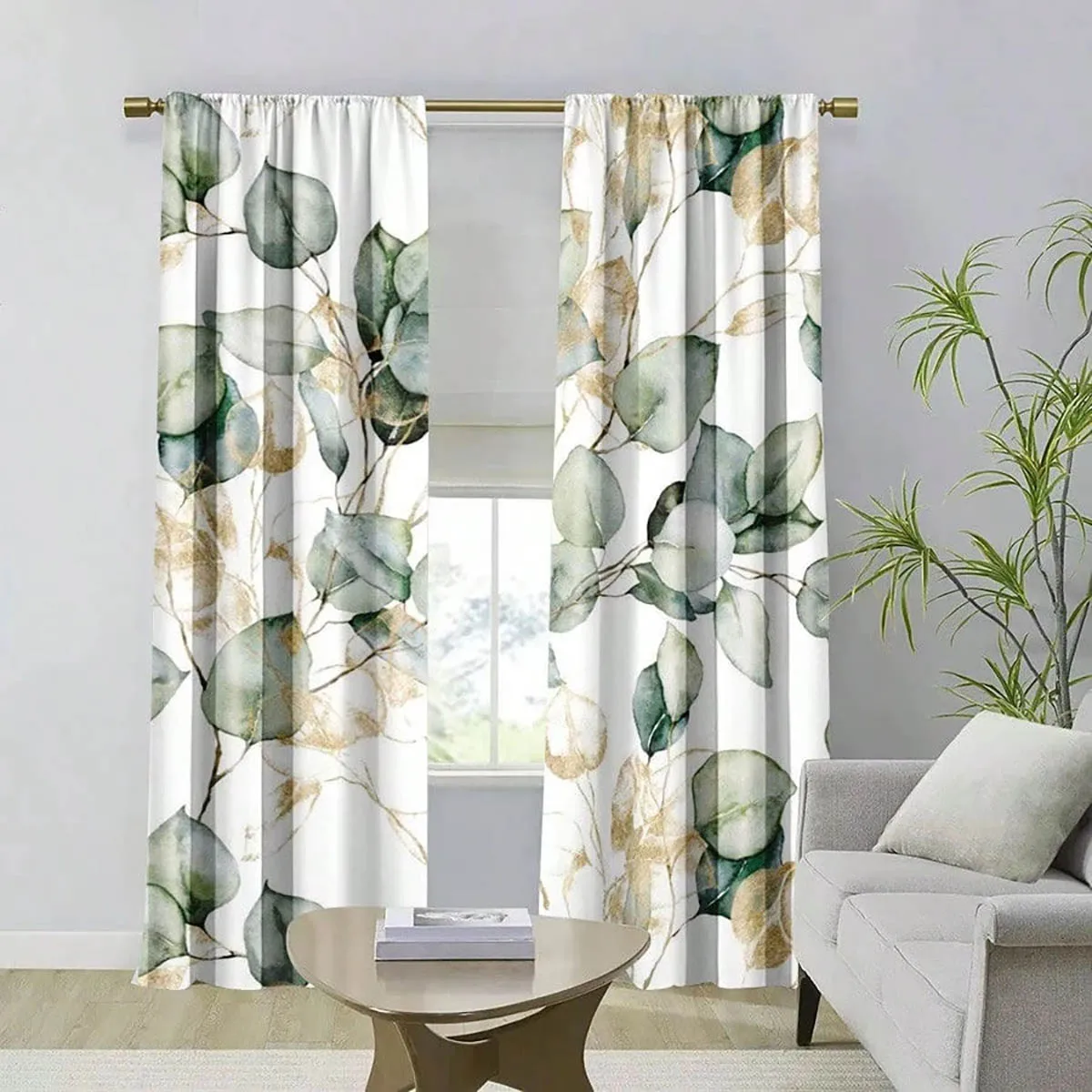 2 pieces, Nordic style gold and green leaf print curtains, suitable for bedroom, living room, and kitchen decoration.