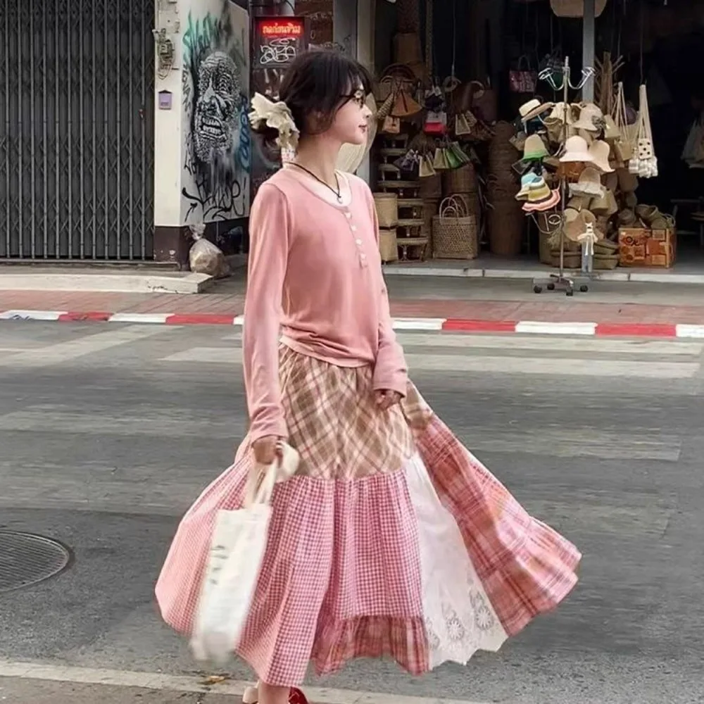 

Plaid Lace Patchwork Skirt Tartan Contrast Panel Midi Length Dark Academia Aesthetic Vintage Grunge Bottom