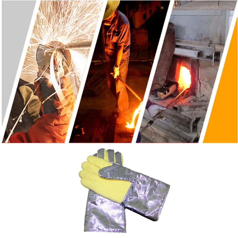 2pcs Aluminum Aramid Aluminum Foil Heat Gloves Splash Protection Five-Finger Heat Insulation Gloves Heat Insulation
