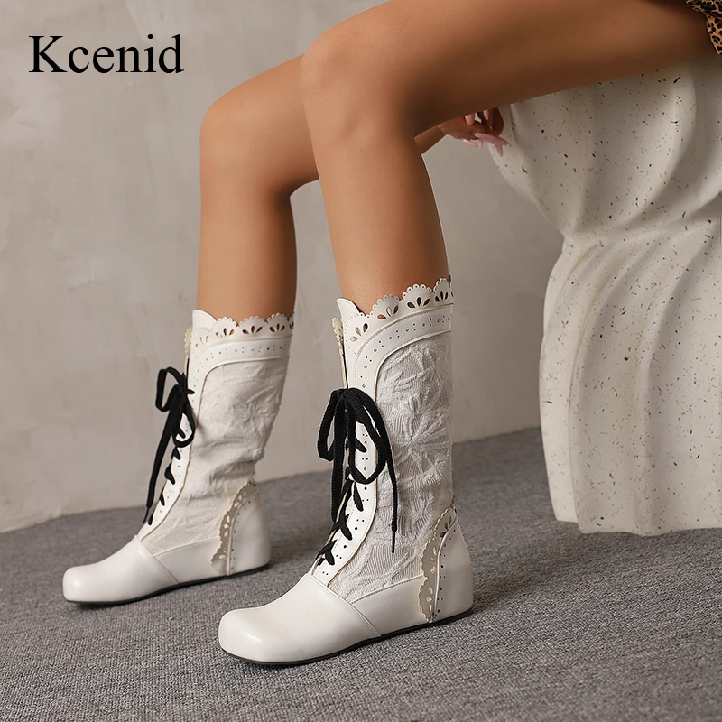 

Kcenid/Винтажные ботинки до середины икры с круглым носком и вышивкой, женские ботильоны на шнуровке, увеличивающие рост, повседневные стильные ботильоны, большие размеры 34-50