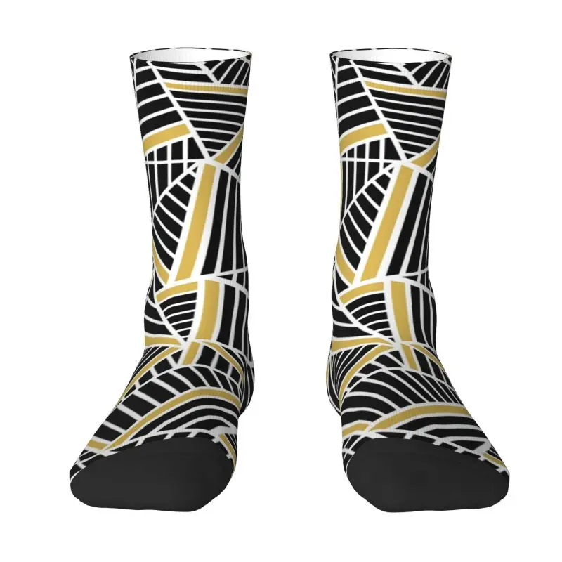 Custom Abstract Lines Geometric Black Gold Repeat Men Women Crew Socks Unisex Novelty 3D Printed Dress Socks