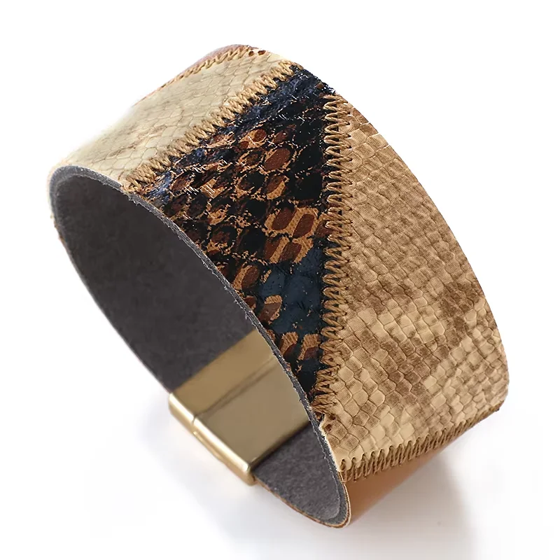 ALLYES Bohemian Patchwork Snake Pattern Leather Bracelet for Women Men Vintage Chunky Wide Bracelets & Bangles Jewelry Gift