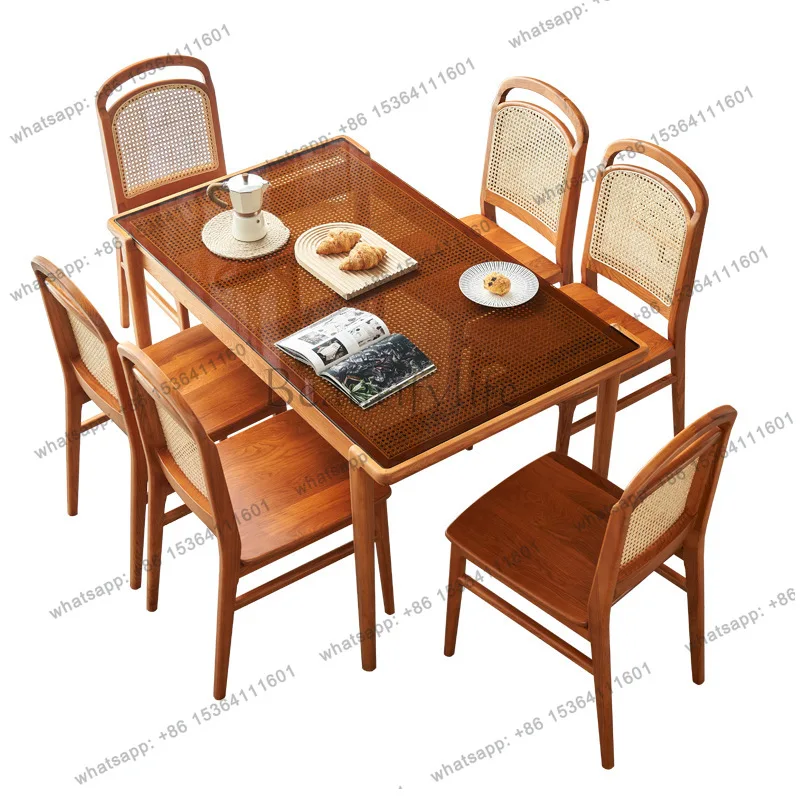 

Nordic rattan solid wood dining table and chair combination modern simple household rectangle