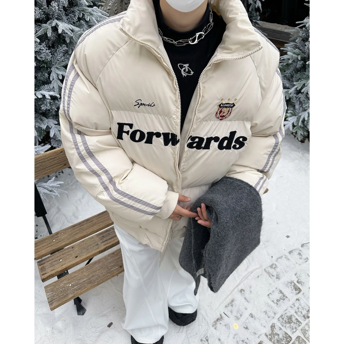 

Retro Striped Men's Cotton Jaet Embroidered Letter Spor Bread Sle Couple's Coat Stand Fit Casual Long Sve Zipper