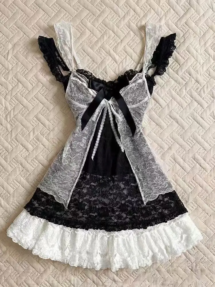 

Sexy Hot Girl Design Spaghetti Strap Sets Women Spring New Elegant Fairy Patchwork Outfits Korea Chic Stylish Slim 2-piece Set