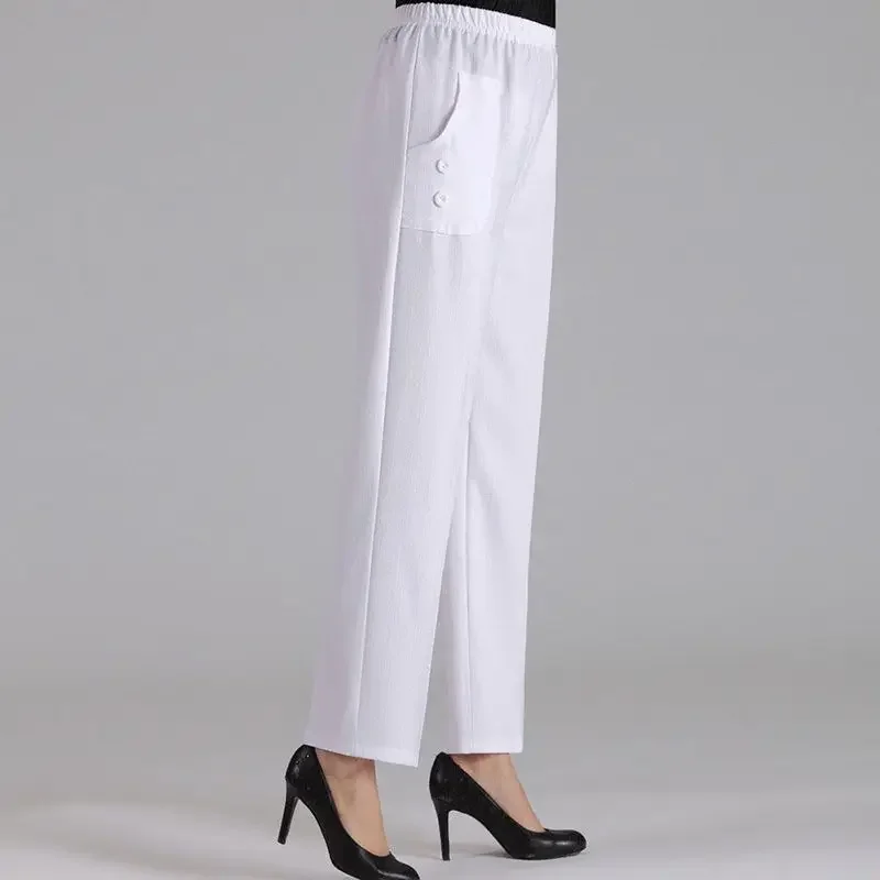 กางเกงขายาวผู้หญิงเอวสูงผ้ายืดบาง รุ่น W2231 กางเกงผู้หญิงวัยกลางคน ฤดูใบไม้ผลิ ฤดูร้อน ทรงหลวม กางเกงผ้าฝ้ายลินินทรงตรงสำหรับคุณแม่