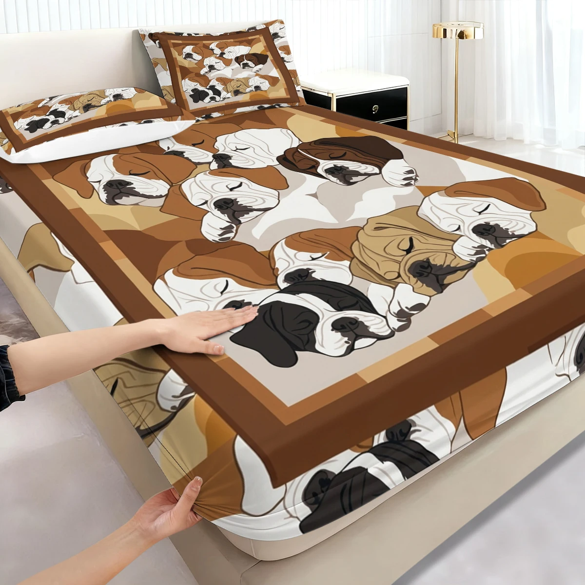 Classic Brown Square Border Dog Fitted Sheet 3PCS, Multi Color Sleeping Bulldog Puppy Cluster Mattress Cover with Pillowcases