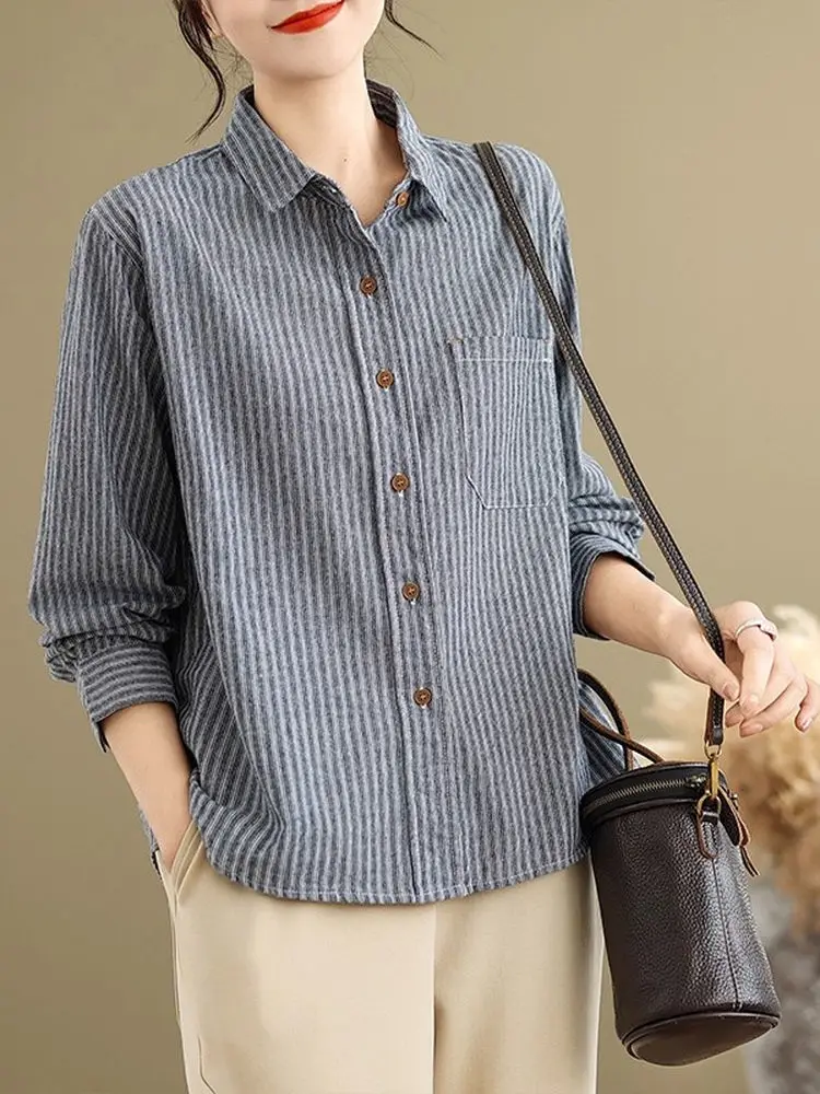 Loose Fit Striped Long Sleeve Shirt Korean Style Casual Collared Women's Top Spring New Arrival Versatile Breathable Cardigan