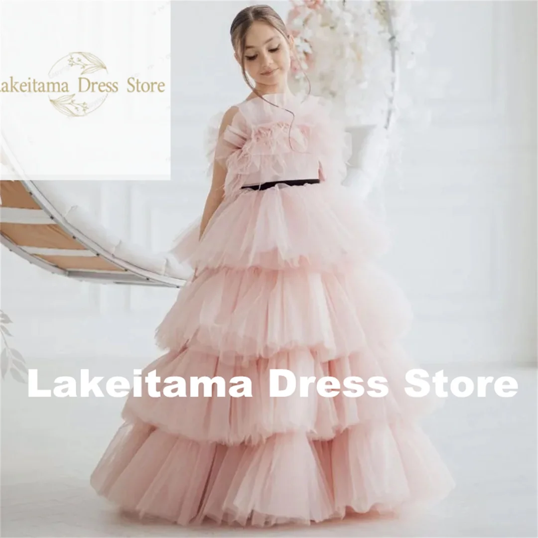 Personalização de casamento aniversário tule em camadas preto flor menina vestidos fita sem mangas para banquete baile de formatura vestidos de princesa