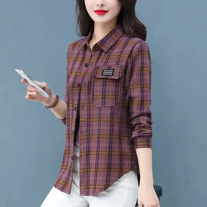 

Fashion Lapel Button Pockets Loose Plaid Shirts Women's Clothing 2023 Autumn Winter Oversized Casual Tops Asymmetrical Blouses