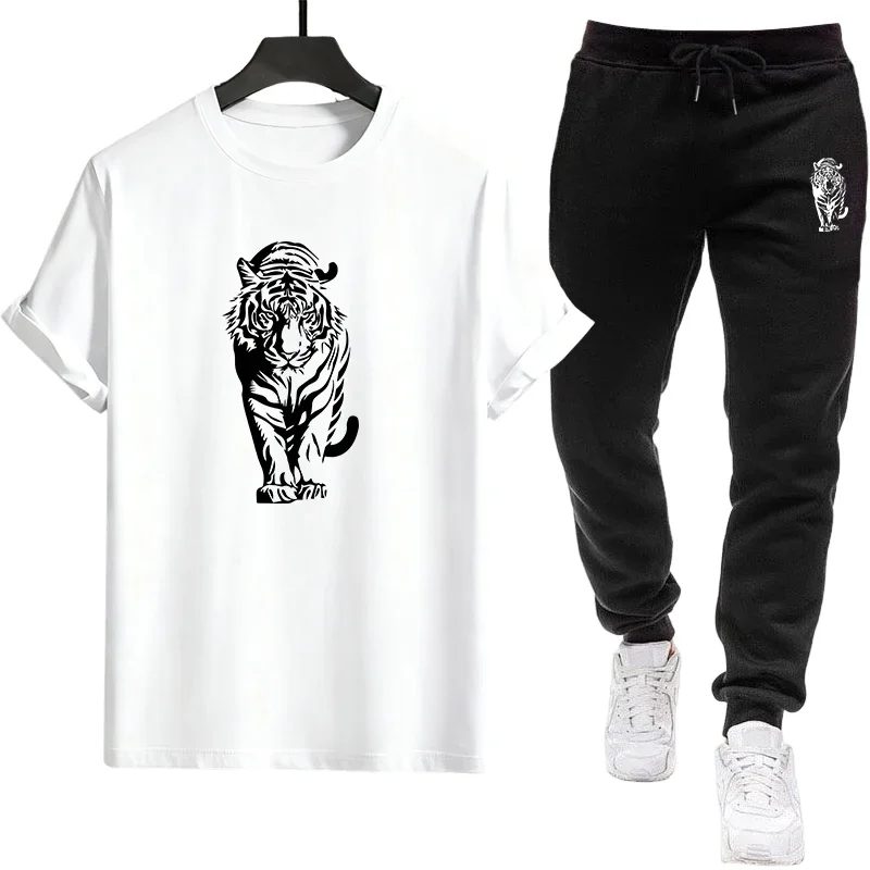 

2026 Men's Essential Casual Set Basic T-Shirt and Sweatpants 2 Piece Outfit for Home and Outdoor Daily Wear Men Tiger Print Tees
