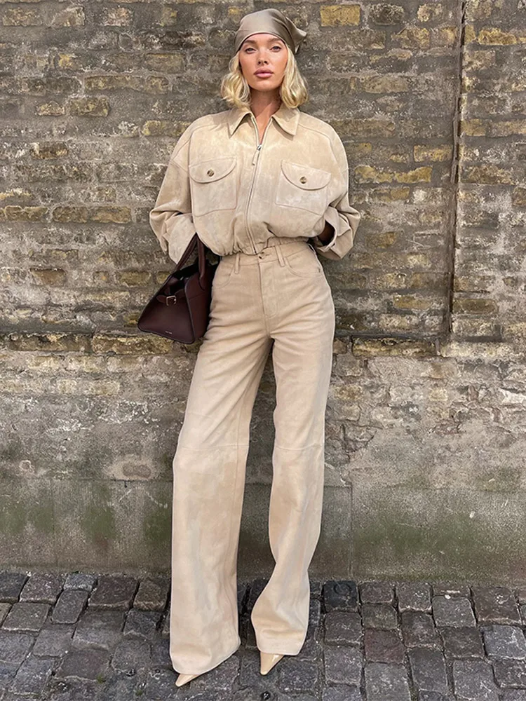 Vintage Solid Lapel Full Sleeves Zipper Woman Jacket Set Fashion Casual Loose High Waist Pants Suit 2025 Spring Commuter Outfit