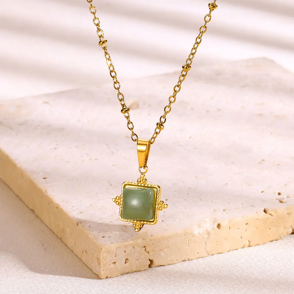 Dainty Square Pendant Necklace Woman Retro Jewelry Stainless Steel Synthetic Turquoise Necklaces Wedding Gift BFF Collar Chain