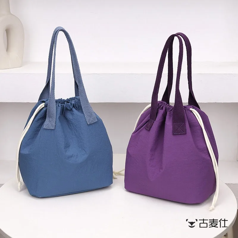

Portable Drawstring Canvas Lunch Box Bag Waterproof Thermal Bento Bag Handbag Soft Polyester Shoulder Bag Women's Casual Style