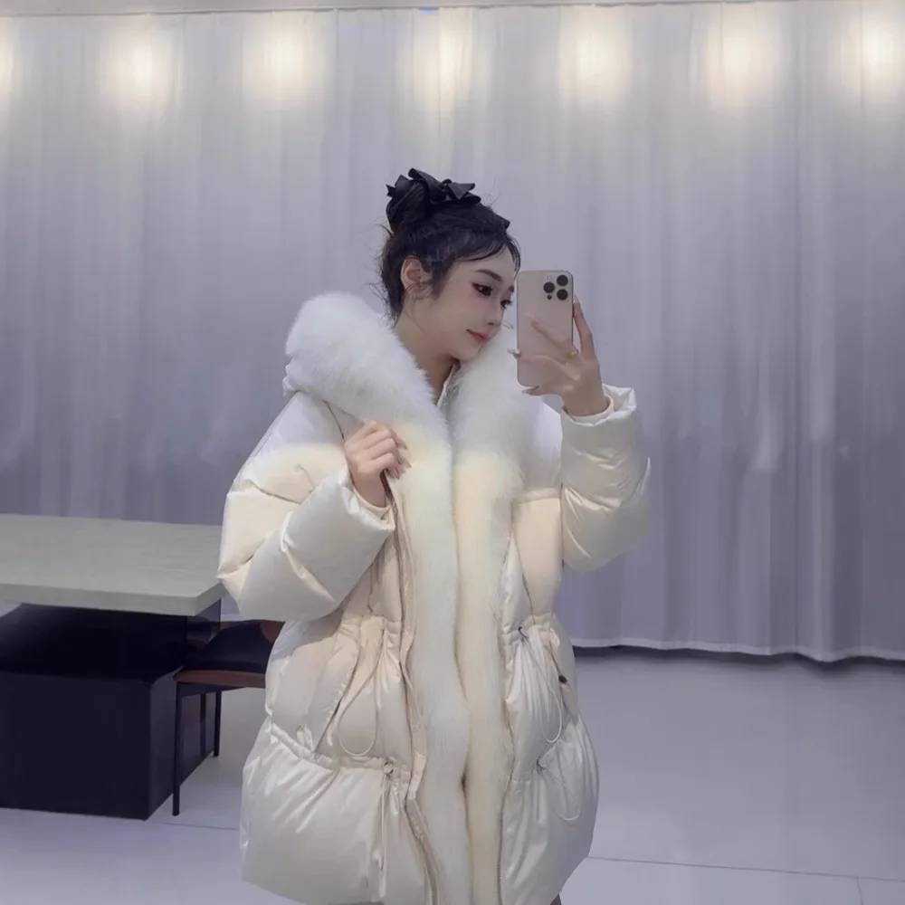 Novo high end inverno real natural gola de pele de raposa quente solto curto puffer jaqueta branca ganso para baixo casaco feminino engrossado para baixo jaqueta