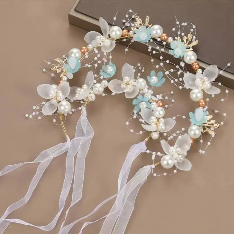 2-piece Fairy Princess Hairband and Bracelet Set - Imitation Pearl and Floral Design, White & Pink Wedding and Birthday Party Ac
