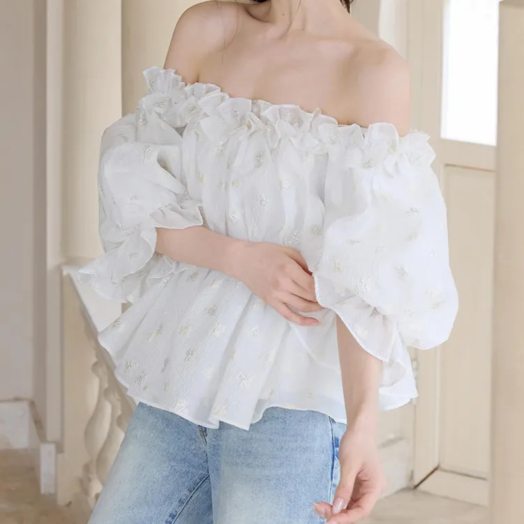Women Off Shoulder Blouse Ruffle Puff Long Sleeve Chiffon Top Vintage Floral Print Peplum Babydoll Shirt for Summer