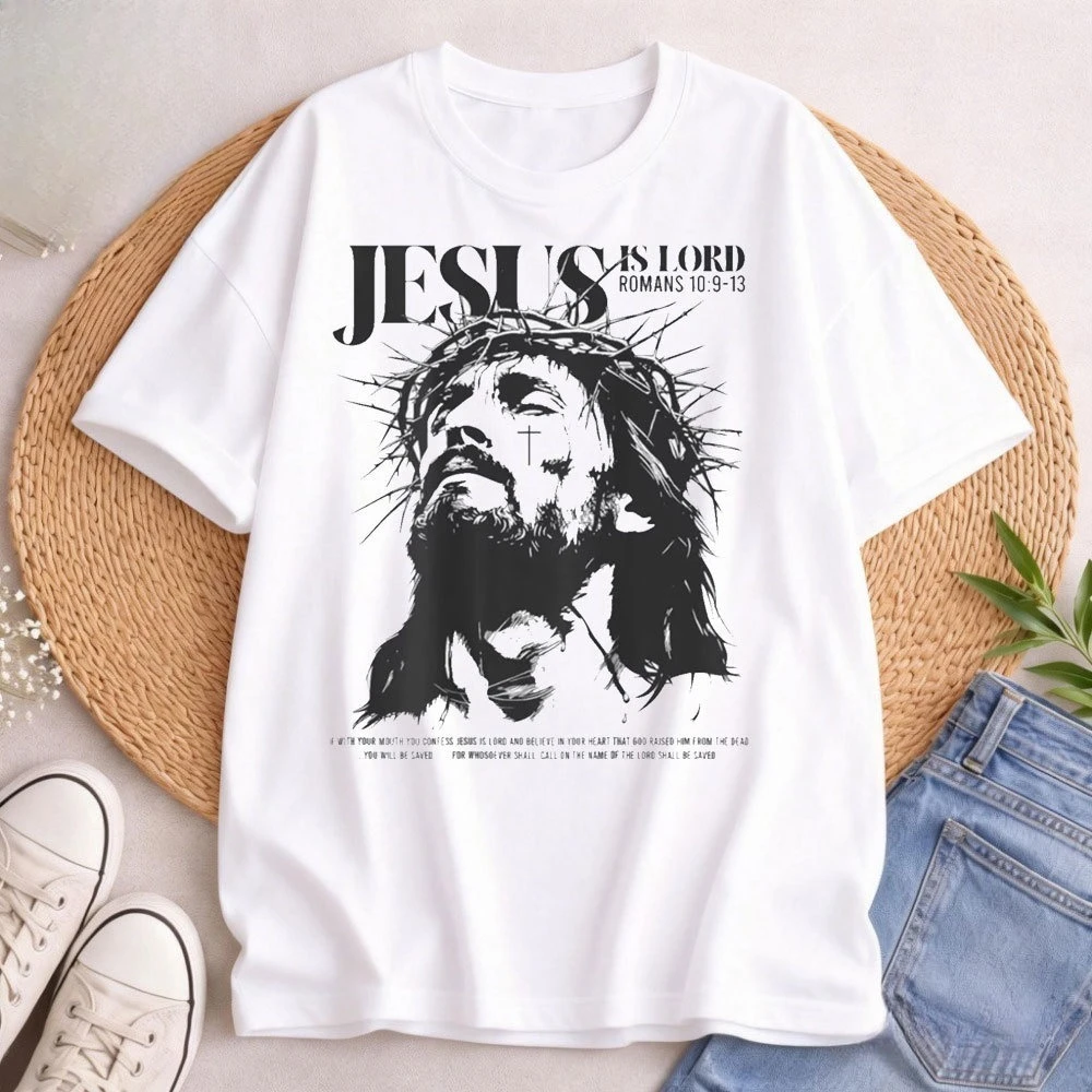 2026 New Family Matching T‑Shirt Faith Spiritual Portrait Thorn Crown Cross Front Print Oversized Cotton Short Parent‑Child Tops