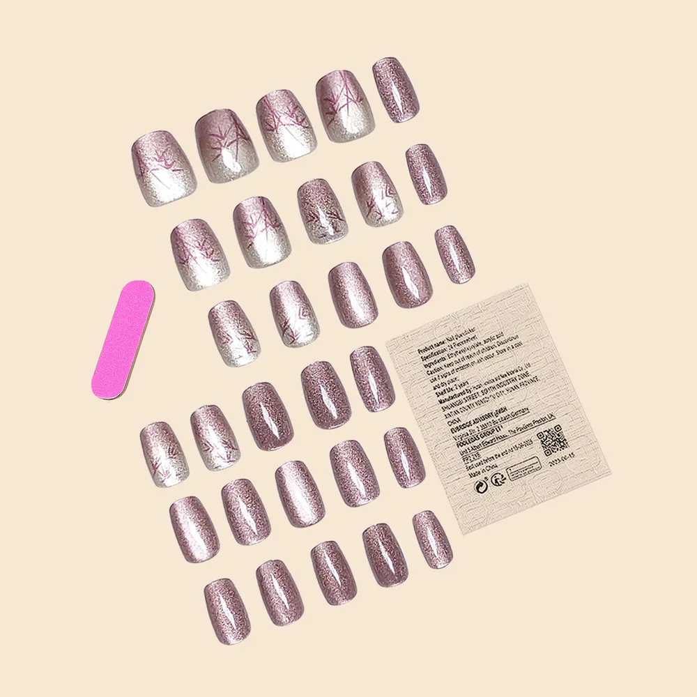 Women Girls 24Pcs/Set Short Oval French Cat Eye Handmade Bamboo Painting Full Coverage Wearable Fake Nail Press on Nail Art