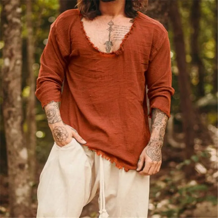 Summer Beach Handsome Men Casual Shirts Retro V-neck Long Sleeve Shirt Tops Burr Edge Pleated Loose Thin Pullover Trend Male Top