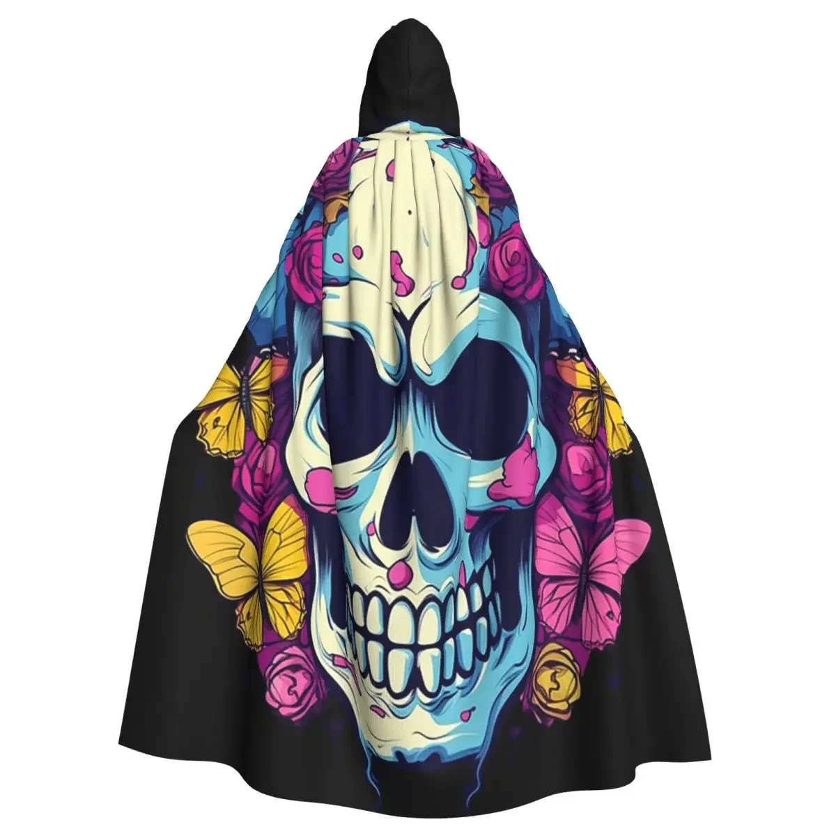 Rainbow  Skull Tattoo Long Hooded  Witch Medieval Costume Cosplay Cape HalloweenParty Adult Unisex