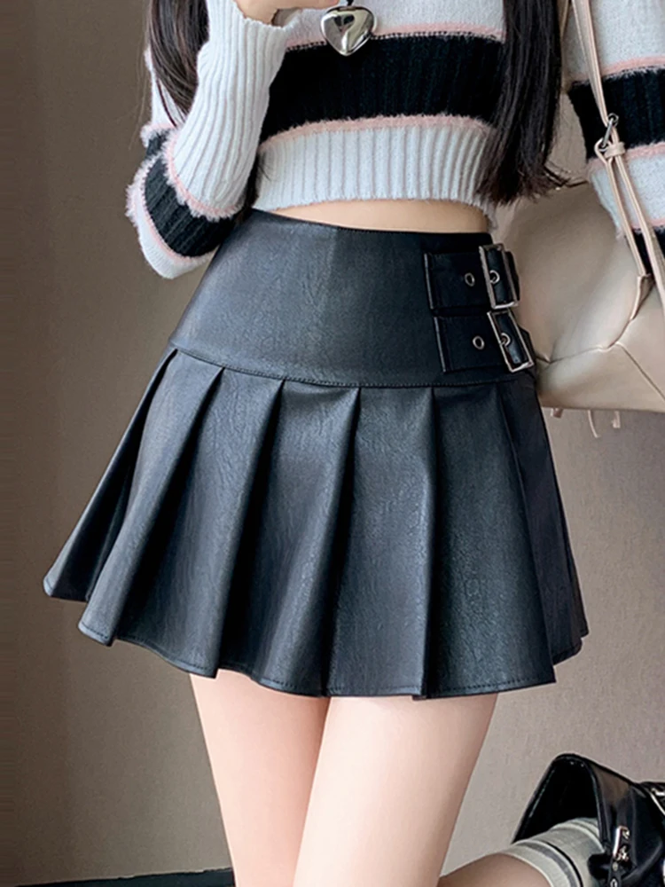 

Retro High Waist PU Leather f Skirt Women's Anti-Light Ro Sle Asymmetric A-Line ort Skirt Spring Autumn New Arrival