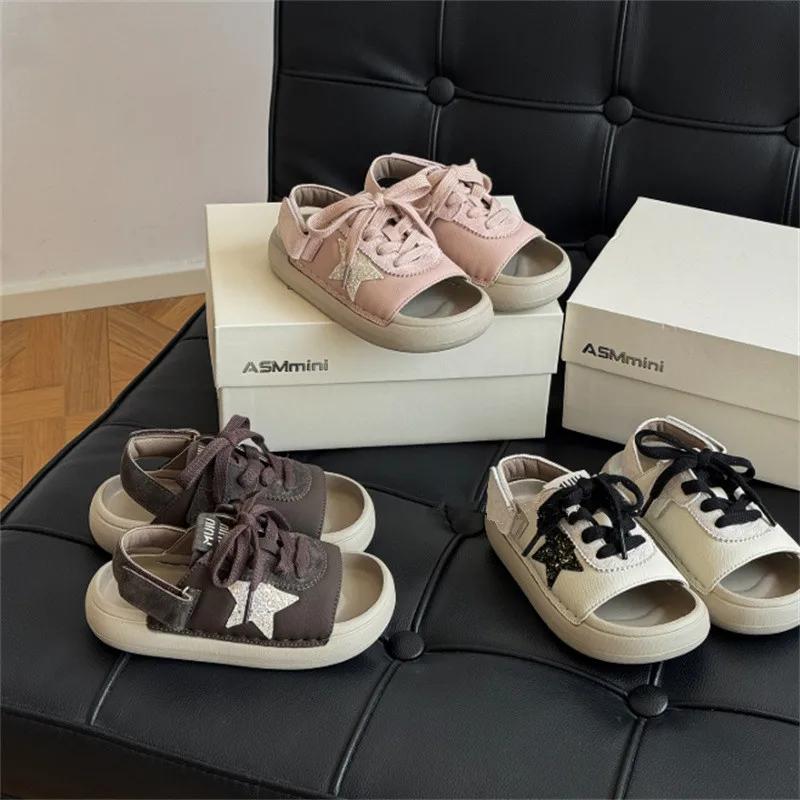 2025 New Summer Children Sandals Leather Glitter Star Unisex Kids Shoes Soft Sole Non-slip Fashion Girls Boys Beach Sandals