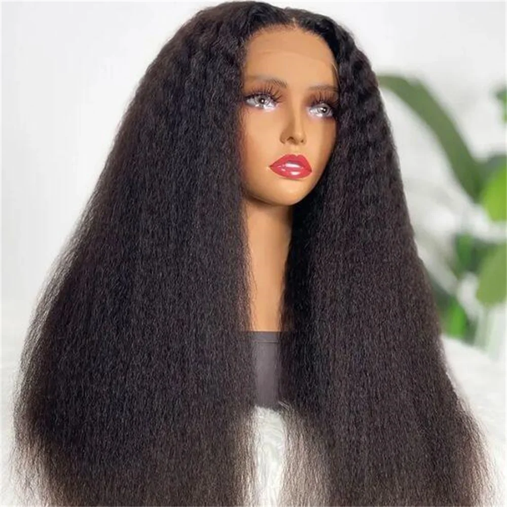 

Soft Glueless 28Inch 180Density Natural Black Yaki Kinky Straight Lace Front Wigs For Women BabyHair Preplucked Daily Wig